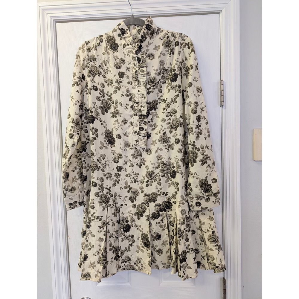 Tuckernuck Faded Roses Tate Dress Floral Drop Waist Mini Dress Ruffle Neck M